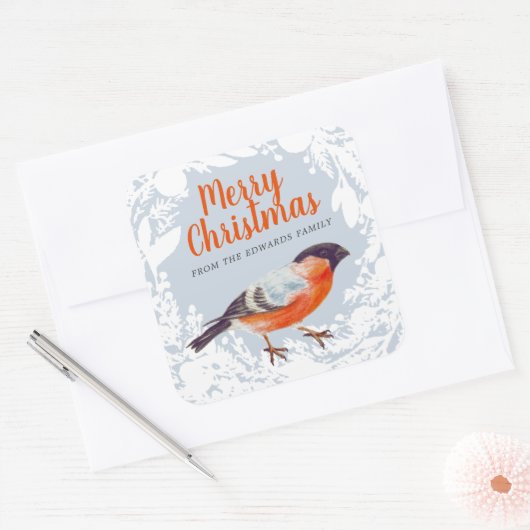 メリークリスマスブルフィンチバードスノーウィーリース冬 スクエアシール (封筒)