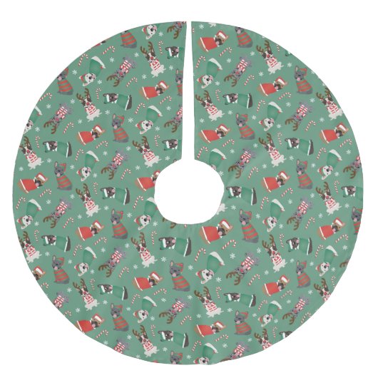 メリークリスマスブルフランスのドッグ ブラッシュドポリエステルツリースカート (正面)