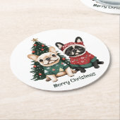 メリークリスマスブルフランスのドッグ ラウンドペーパーコースター (アングル)