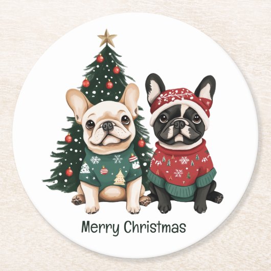 メリークリスマスブルフランスのドッグ ラウンドペーパーコースター (正面)