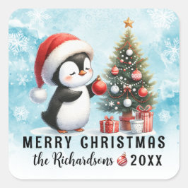 メリークリスマスブルーかわいいペンギンの家族 スクエアシール