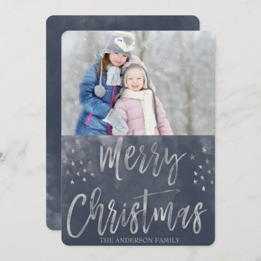 メリークリスマスブルーとシルバーウォータースカラー写真 シーズンカード (正面/裏面)