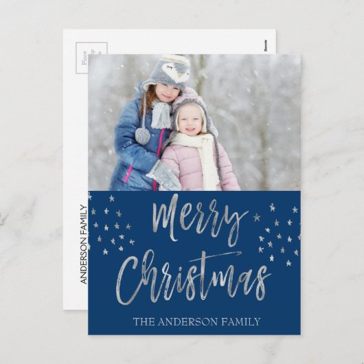 メリークリスマスブルーとシルバーウォータースカラー写真 シーズンポストカード (正面/裏面)