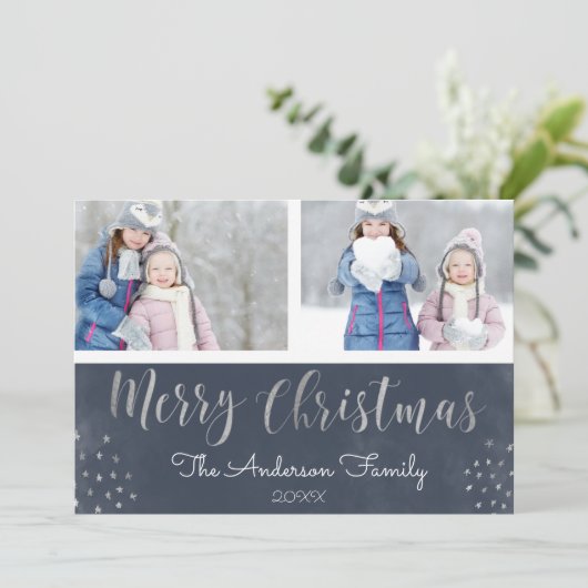 メリークリスマスブルーとシルバーフォイルの星写真 シーズンカード (スタンド正面)