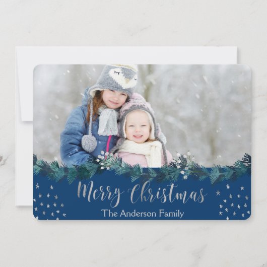 メリークリスマスブルーとシルバーフォイルの星写真 シーズンカード (正面)