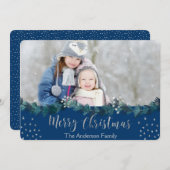 メリークリスマスブルーとシルバーフォイルの星写真 シーズンカード (正面/裏面)