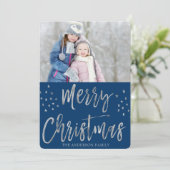 メリークリスマスブルーとシルバーフォイルの星写真 シーズンカード (スタンド正面)