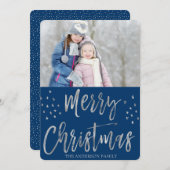 メリークリスマスブルーとシルバーフォイルの星写真 シーズンカード (正面/裏面)