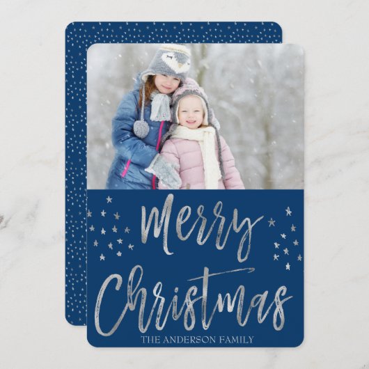 メリークリスマスブルーとシルバーフォイルの星写真 シーズンカード (正面/裏面)