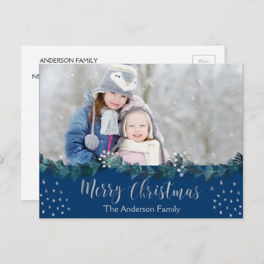 メリークリスマスブルーとシルバーフォイルの星写真 シーズンポストカード (正面/裏面)