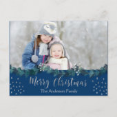 メリークリスマスブルーとシルバーフォイルの星写真 シーズンポストカード (正面)