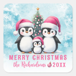 メリークリスマスブルーとピンクかわいいペンギン スクエアシール