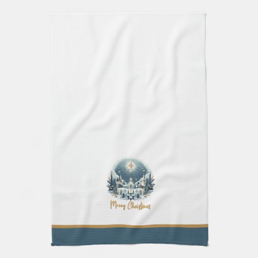 メリークリスマスブルーと金ゴールド キッチンタオル (縦)