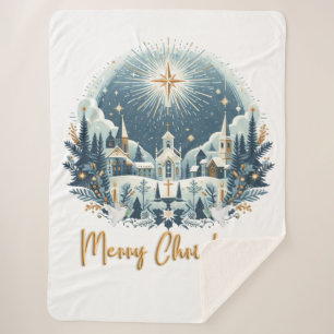 メリークリスマスブルーと金ゴールド シェルパブランケット