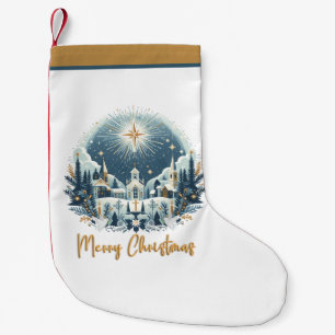 メリークリスマスブルーと金ゴールド スモールクリスマスストッキング