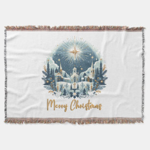 メリークリスマスブルーと金ゴールド スローブランケット
