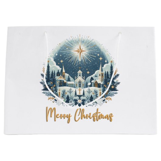 メリークリスマスブルーと金ゴールド ラージペーパーバッグ (正面)