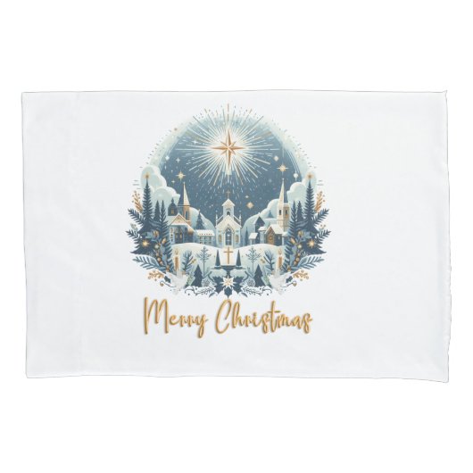 メリークリスマスブルーと金ゴールド 枕カバー (正面)
