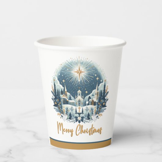 メリークリスマスブルーと金ゴールド 紙コップ (正面)