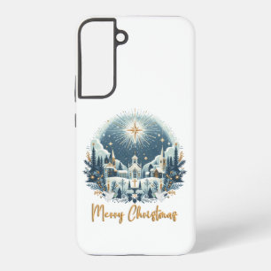 メリークリスマスブルーと金ゴールド SAMSUNG GALAXY S22+ケース