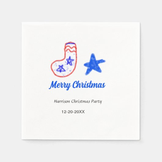メリークリスマスブルーのスター赤いストッキング名の日付 スタンダードカクテルナプキン (正面)