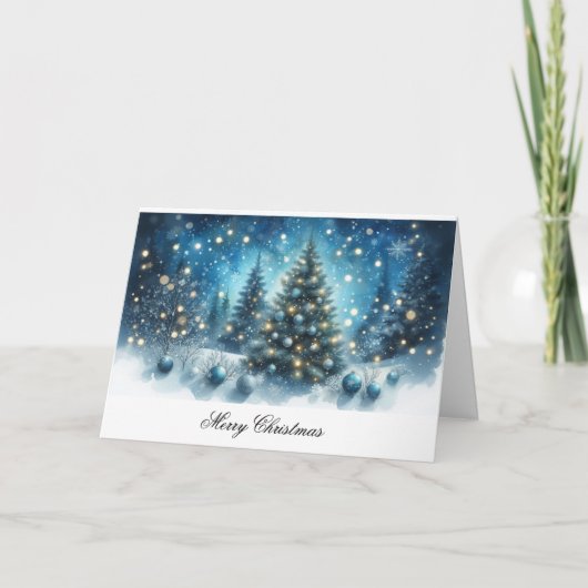 メリークリスマスブルーの木とオーナメント カード (正面)