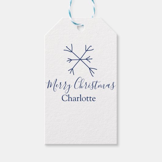 メリークリスマスブルーの雪の結晶に名前の休日を追加 ギフトタグ (正面)