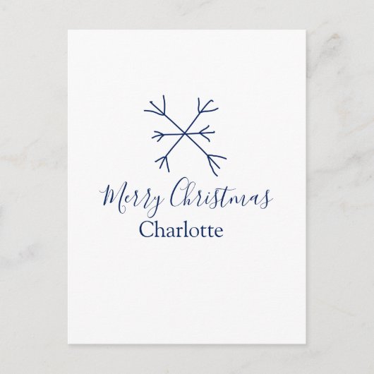メリークリスマスブルーの雪の結晶に名前の休日を追加 シーズンポストカード (正面)