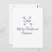 メリークリスマスブルーの雪の結晶に名前の休日を追加 ポストカード (正面/裏面)