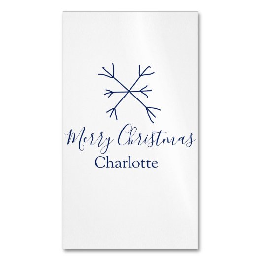 メリークリスマスブルーの雪の結晶に名前の休日を追加 マグネット名刺 (正面縦)
