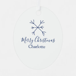 メリークリスマスブルーの雪の結晶に名前の休日を追加 メタルオーナメント