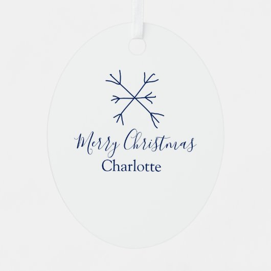メリークリスマスブルーの雪の結晶に名前の休日を追加 メタルオーナメント (正面)