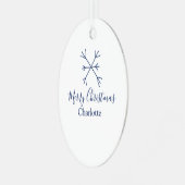 メリークリスマスブルーの雪の結晶に名前の休日を追加 メタルオーナメント (正面左)