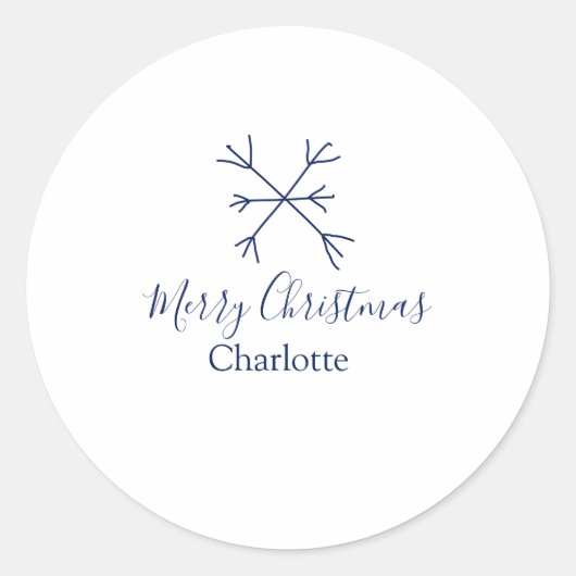 メリークリスマスブルーの雪の結晶に名前の休日を追加 ラウンドシール (正面)