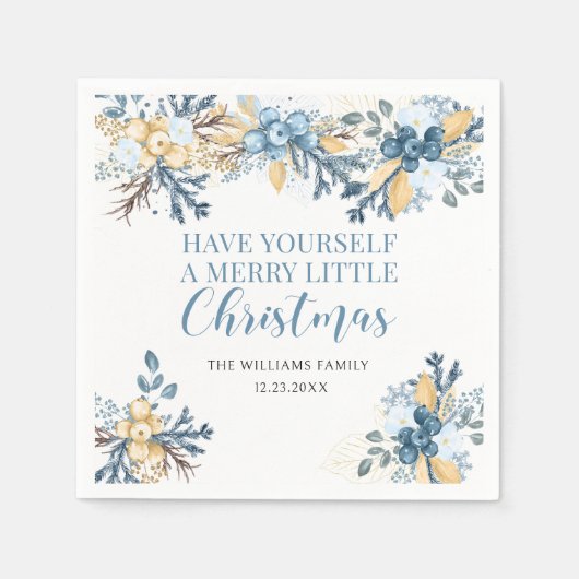 メリークリスマスブルーウィンターベリー紙 スタンダードカクテルナプキン (正面)