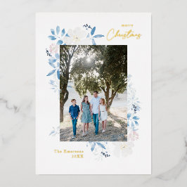 メリークリスマスブルーウォーターカラーフラワーフレームライト 箔シーズンカード