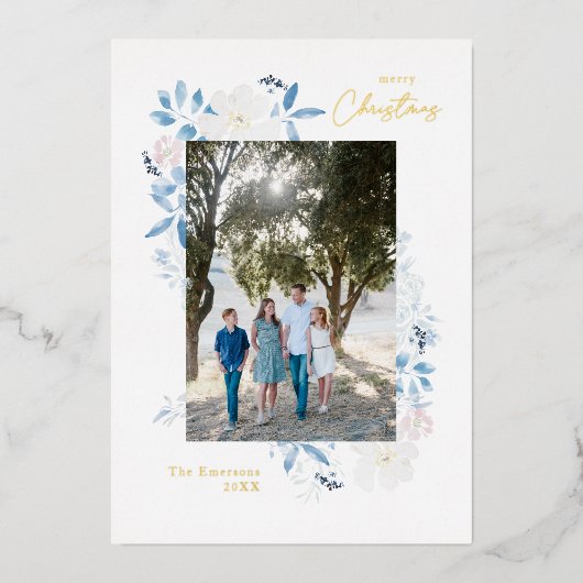 メリークリスマスブルーウォーターカラーフラワーフレームライト 箔シーズンカード (正面)