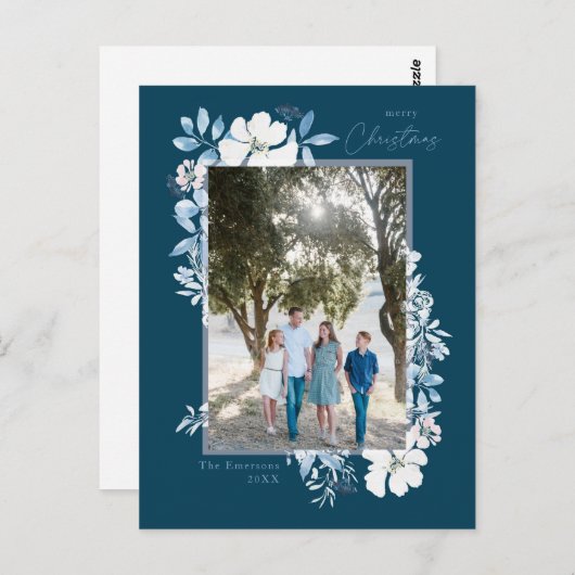 メリークリスマスブルーウォーターカラーフラワーフレーム暗 ポストカード