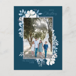 メリークリスマスブルーウォーターカラーフラワーフレーム暗 ポストカード