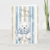 メリークリスマスブルークリーム雪ストライプ片クマ カード (正面)
