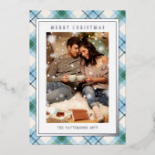 メリークリスマスブルーグリーンプレイドタータンチェック写真 箔シーズンカード (正面)
