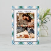 メリークリスマスブルーグリーンプレイドタータンチェック写真 箔シーズンカード (立ち正面)