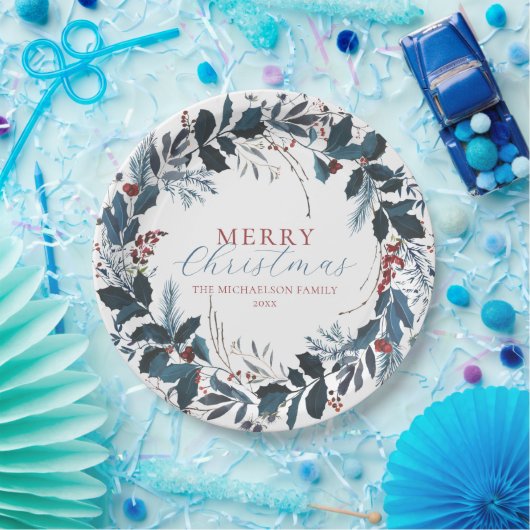 メリークリスマスブルーグリーンホリーウォーター色 ペーパープレート (パーティー)