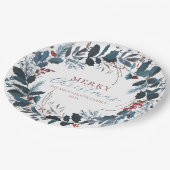 メリークリスマスブルーグリーンホリーウォーター色 ペーパープレート (アングル)