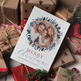 メリークリスマスブルーグリーンホリー写真 シーズンカード