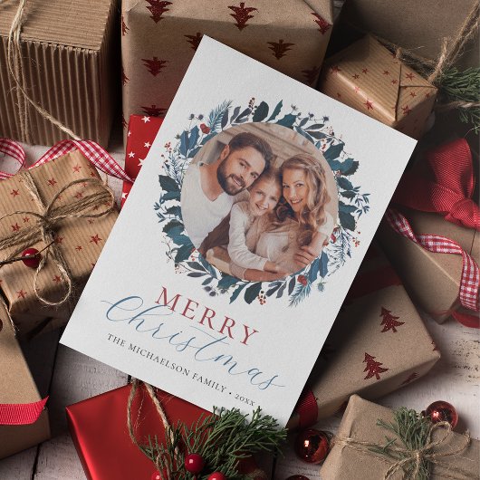 メリークリスマスブルーグリーンホリー写真 シーズンカード