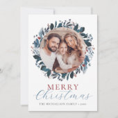 メリークリスマスブルーグリーンホリー写真 シーズンカード (正面)