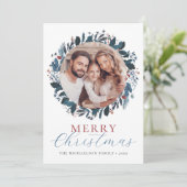 メリークリスマスブルーグリーンホリー写真 シーズンカード (スタンド正面)