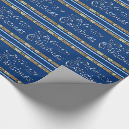 メリークリスマスブルーストライプのエレガントホリデー ラッピングペーパー (コーナー)