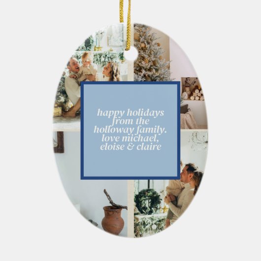 メリークリスマスブルータイポグラフィアーチ写真 セラミックオーナメント (裏面)